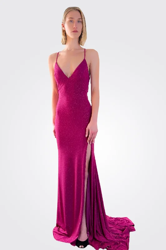 Tie Back Glitter Gown - Fuchsia