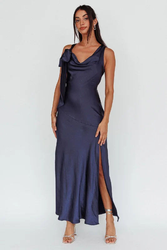 Averie Bow Shoulder Split Midi Dress Navy