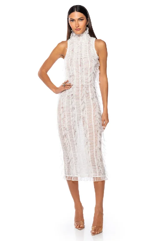 BACKSTAGE SHREDDED MIDI DRESS IN WHITE