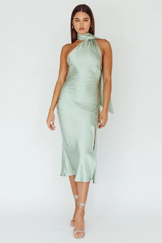 Italian Summer Tie Neck Midi Dress Sage