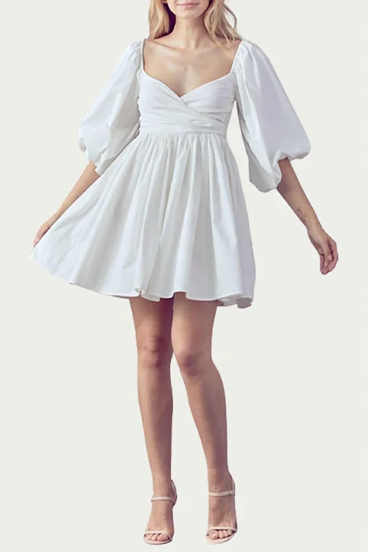 Shirred Wrap-Effect Cotton Mini Dress in White