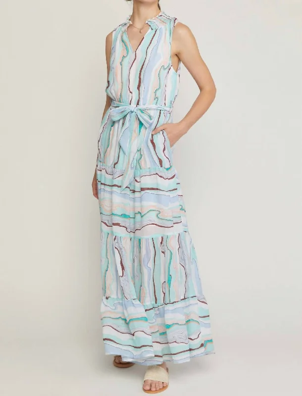 Sleeveless Tiered Maxi Dress In Green Abstract Print