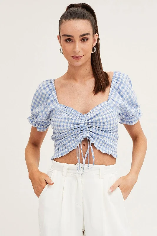 Check Crop Top Short Sleeve Sweetheart Ruched Front