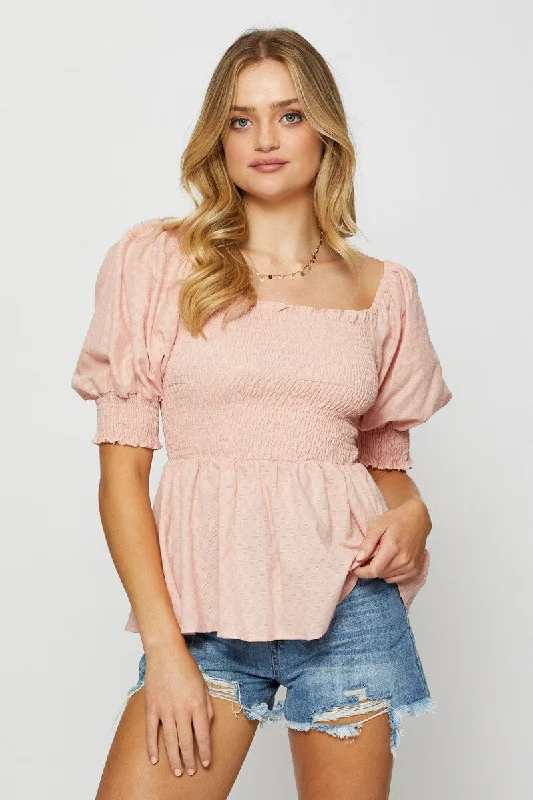 Pink Peplum Top Short Sleeve Round Neck