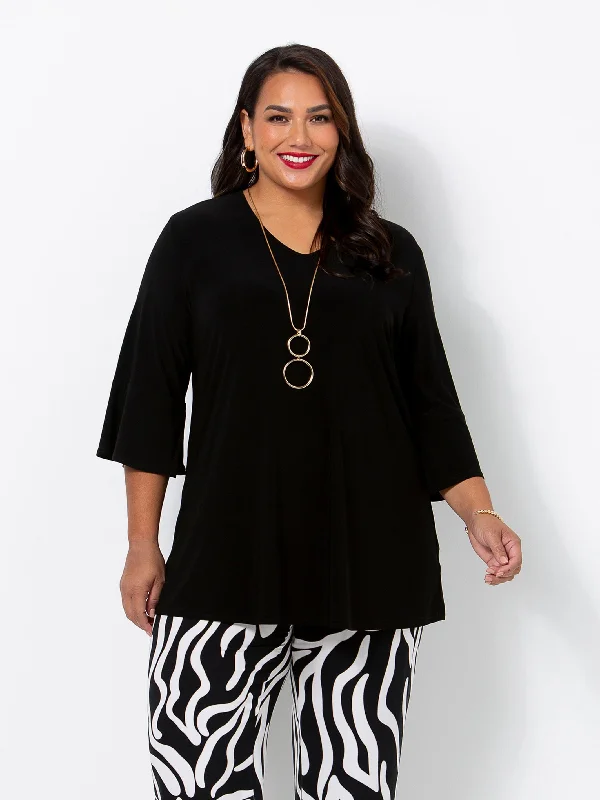 Black Frill Sleeve V-Neck Jersey Top