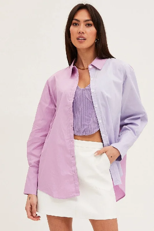 Purple Oversized Shirts Long Sleeve Collared