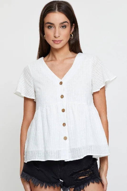 White Peplum Top Short Sleeve V-Neck Button Front