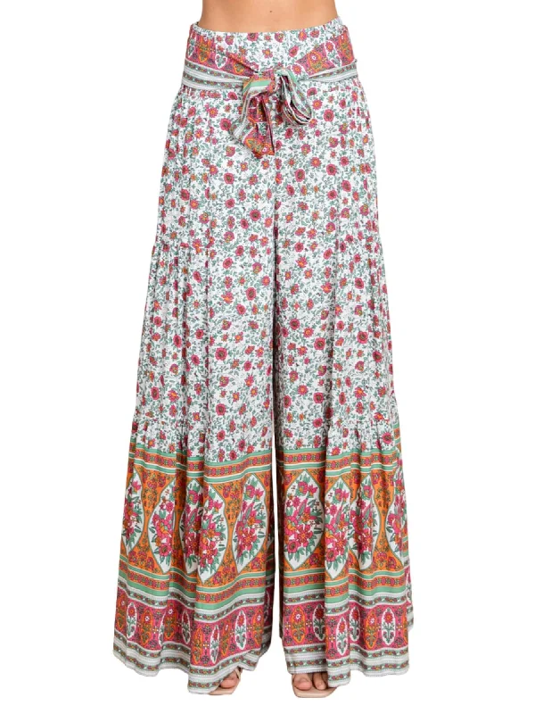 Floral Print Palazzo Wide Leg Pants In Off White