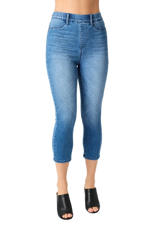 High Waist Pull On Capri Denim In Blue