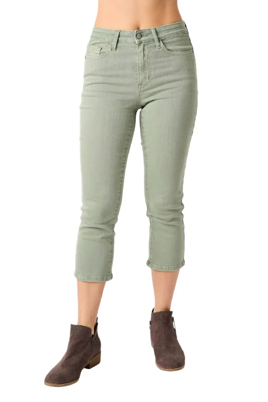 Mid Rise Garment Dyed Capri Denim In Olive