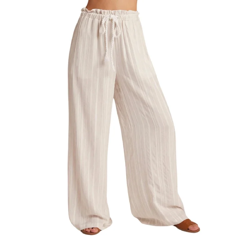 Smocked Ruffle Waist Wide Leg Crop Pants In Sand Stripe