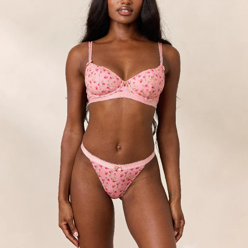 Rosebud Ribbed Balcony Bra  - Pink Floral