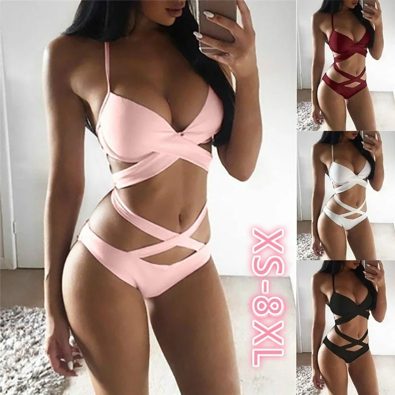 2 Pcs Women's Sexy Cut-out Halter Bathing Suits Push Up Monokini Swimsuit Bandage Swimwear