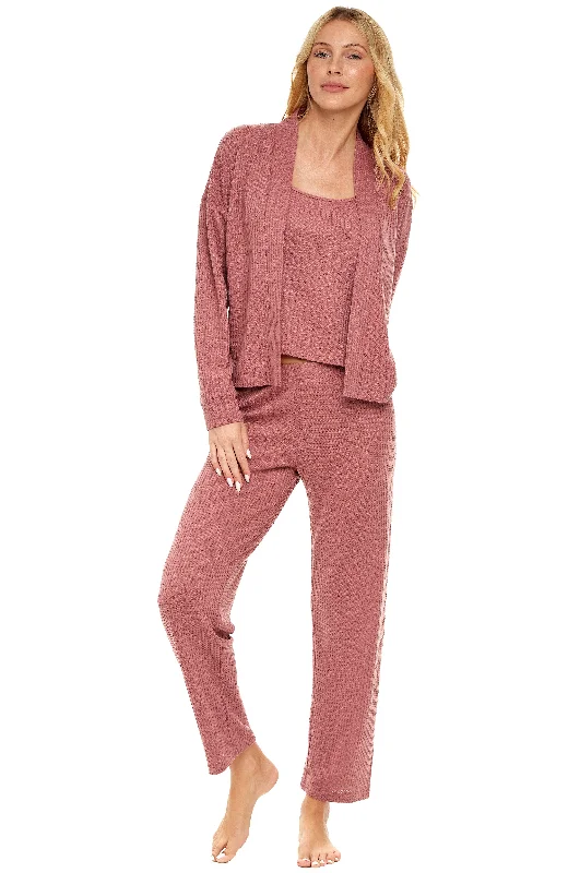 Women's Knit Cardigan Sleepwear Set- Hip Length Jacket, Cami Top and Pajama Pants