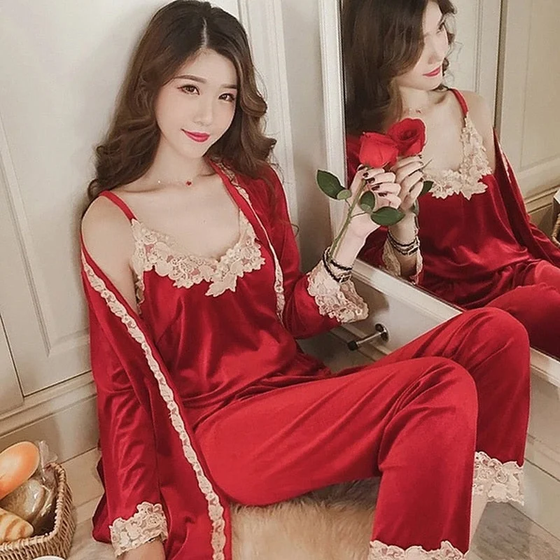 Autumn Winter Warm Pajamas Set Women Sling Deep Gold Velvet Sexy Homewear 3PCS Women Pajama Sets Long Pant Set Robe Women