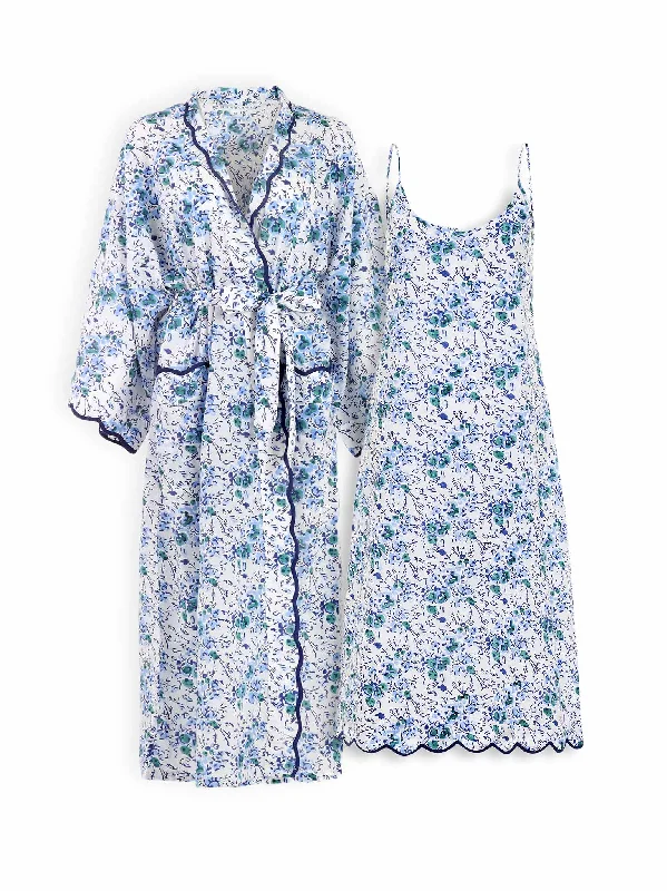 Blue Floral Bundle: Kimono Robe and Slip Nightgown