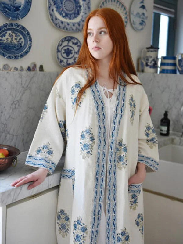 Blue & White Floral Waffle Dressing Gown Size  8-16