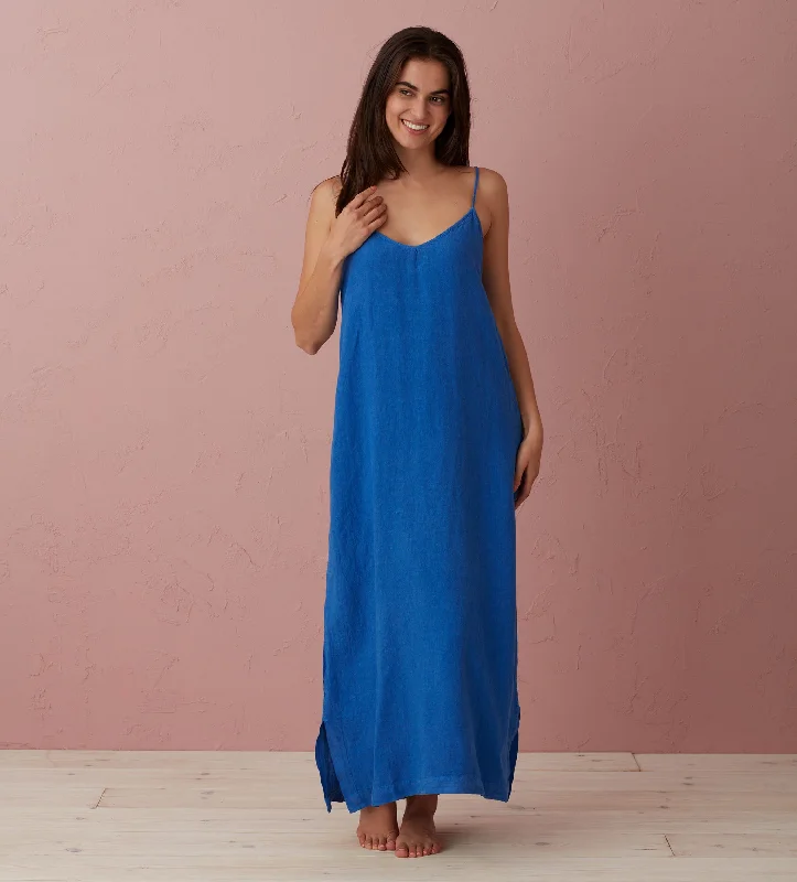 Cobalt Blue Willa 100% Linen Long Cami Nightie