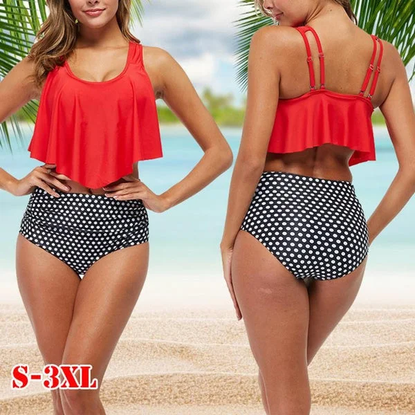 Fashion Bathing Suits Backless Print for Women Swimsuit Tankini Ruffle Tops High Waisted Tummy Control Bikini Set