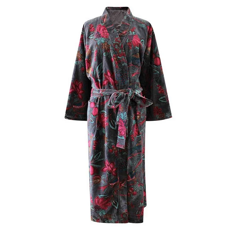 Grey Velvet Fruit Bird Dressing Gown