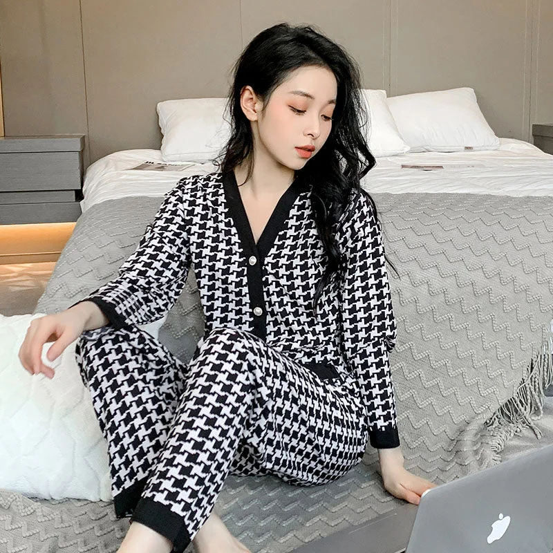 Home Clothes for Women Plaid Pants Pajamas for Women Cotton Sleepwear Suit Spring Pyjamas Women V-neck Button Loungewear Set