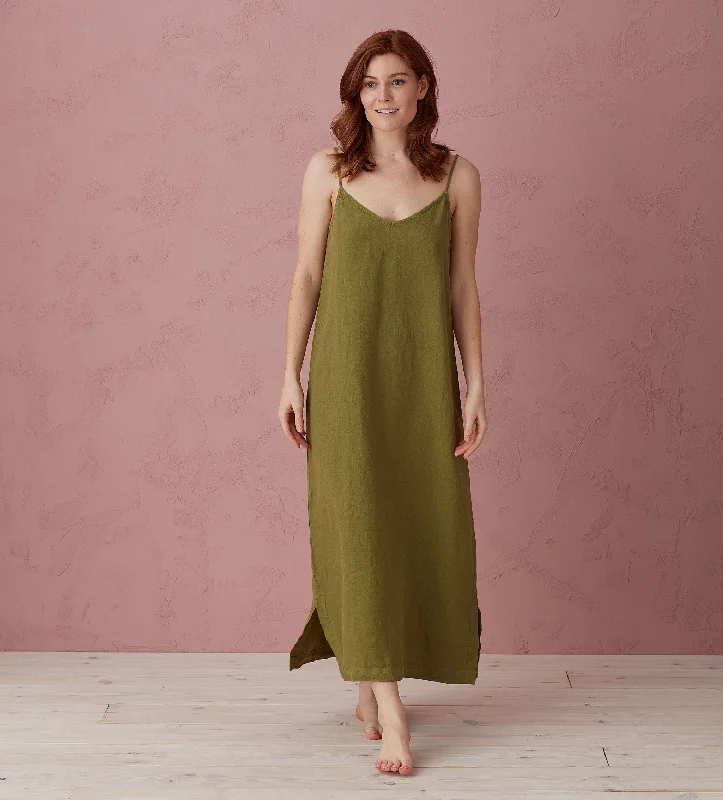 Moss Green Willa 100% Linen Long Cami Nightie