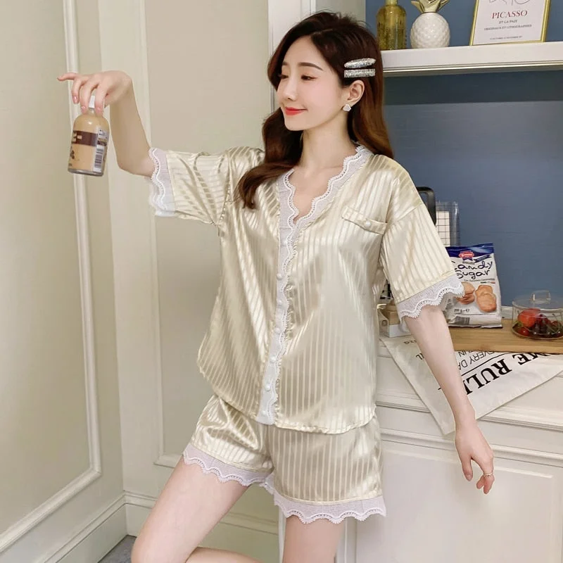 New Stain Lace Woman Pajamas Set 2Pieces Spring Summer Short Sexy Sleepwear Elegant Solid Color V-neck Ice Silk Homewear Set