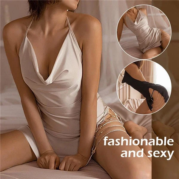 Sexy Nightgowns for Women Negligee Nightdress Slit Metal Temptation Halter Backless Sleepwear Satin Dress Thongs Homewear