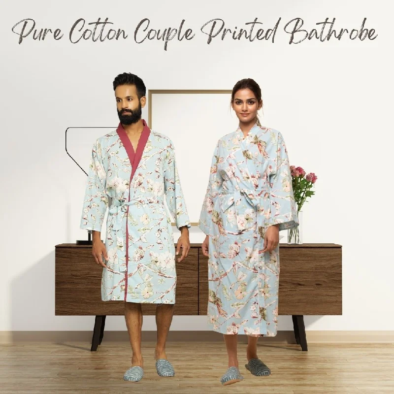 Sky blue Cotton Hand printed Couple kimono robe