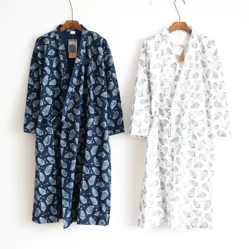 Summer Men's Robe 100% Cotton Gauze Leaf Loose Comfortable Leaves Kimono Robes home clothing nightly Bathrobes