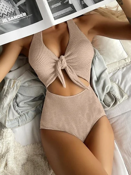 Swimsuit Summer Sexy Women Pure Color Hollow Backless One Piece Bow Tie Bathing Suit Swimwear