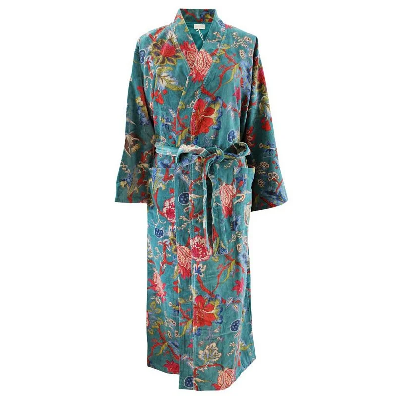 Teal Velvet Exotic Flower Dressing Gown