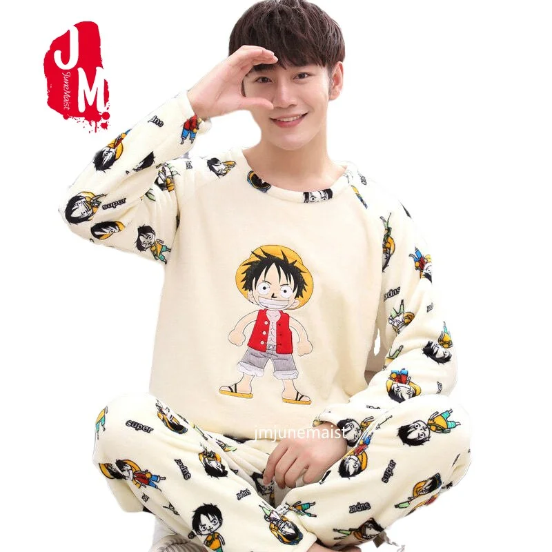 Winter Men's Pajama Sets Thick Flannel Cartoon Long Sleeve Warm Sleepwear Suit Coral Fleece Sleep &Lounge Pyjama Home Clothing