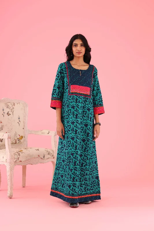 Yoke Caftan Teal Green Indigo