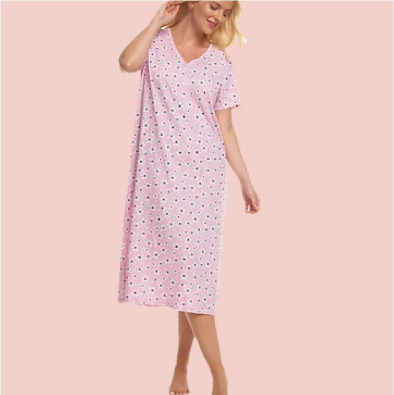 100% Cotton Jersey Short Sleeve Raspberry Freesia Print Nightdress - Coming Soon