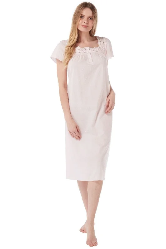 Woven Cotton Dobby Spot Short Sleeve with Broderie Anglaise Neckline Nightdress