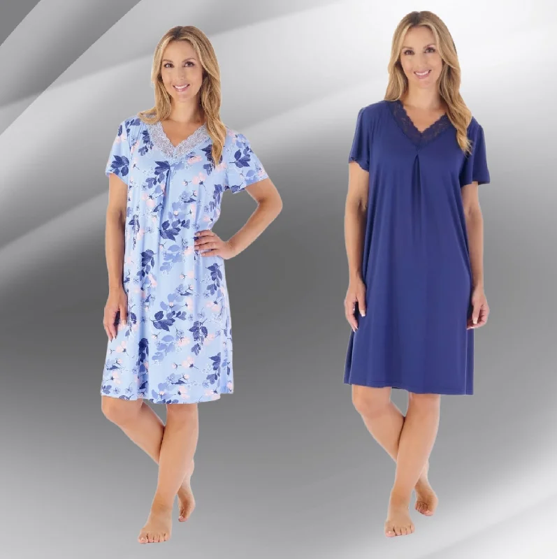 40" Supersoft Floral Or Solid Navy Short Sleeve Nightdress