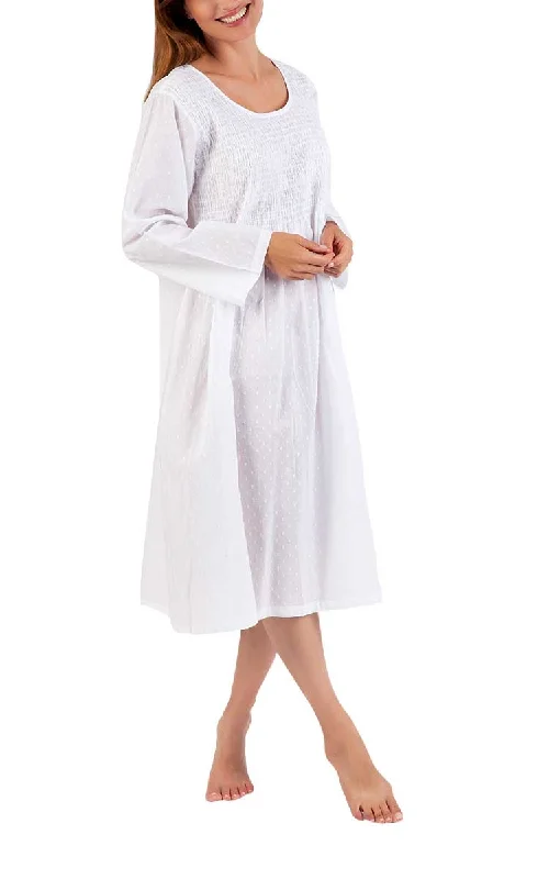 Arabella Angelina 100% Cotton Nightgown with Long Sleeve in White Hail Spot MD-88