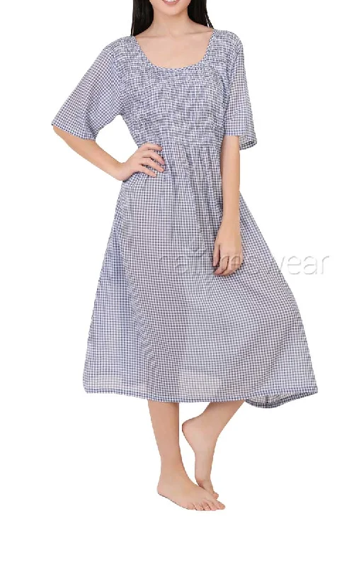 Arabella Angelina 100% Cotton Nightgown with Short Sleeve in Blue Gingham MD-83EEB