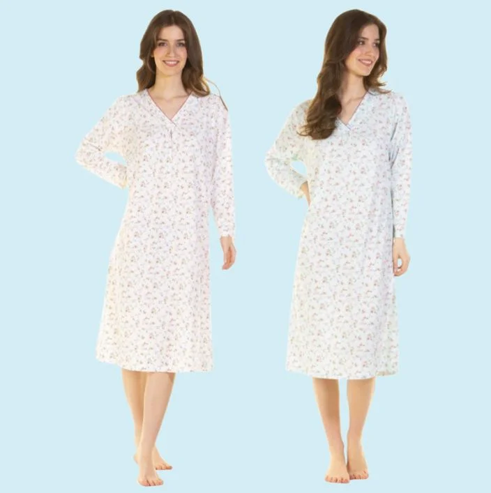 Pleated Susan Cotton Rich Long Sleeve Nightdress - Ivory or Aqua