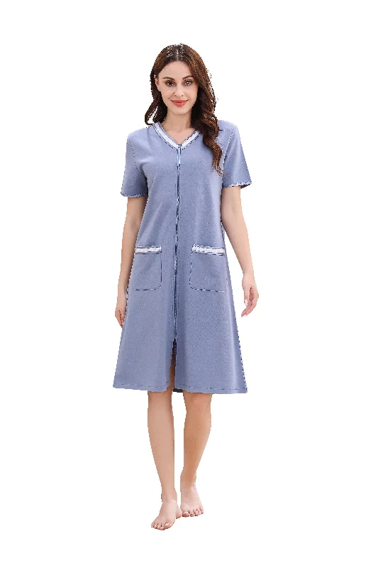 Richie House Women Zipper Robe Loungewear Short Sleeve Sleepwear Pockets Housecoat Long Soft Bathrobe RHW2898