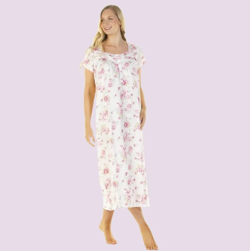 Short Sleeve 100% Cotton Nightdress with Embroidery Detail, Longer Length Rose Print