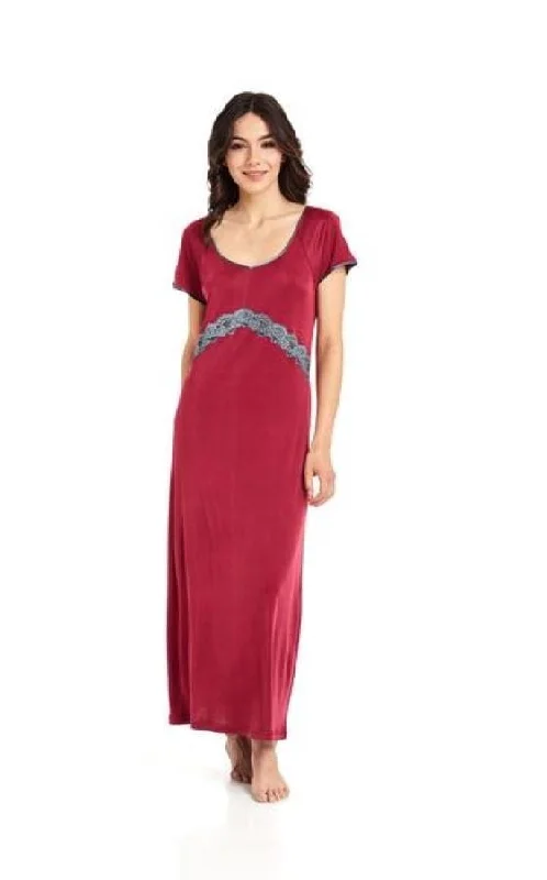 Silk Blend Satin Edged Silky Jersey Nightdress - Ruby - 10  to 22